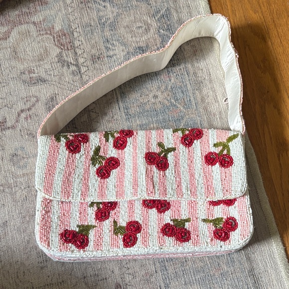 T.J.Maxx Handbags - Beaded Cherry-Embellished Pink Stripe Shoulder Bag